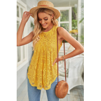 Yellow Lace Hollow Out Sleeveless T-Shirt