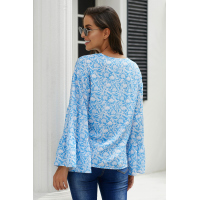 Sky Blue Chiffon V Neck Printed Bell Sleeve Blouse