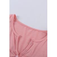 Pink Buttoned Detail Cotton Blend Short Sleeve T-shirt