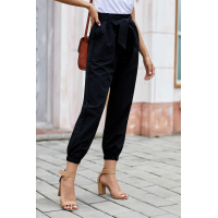 Black Solid Color Frock-style Pants with Belt