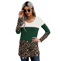 Green Colorblock Leopard Triple Patchwork Long Sleeve Top