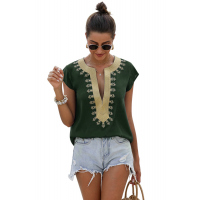 Green Short Sleeve Printed Neck Shift Blouse