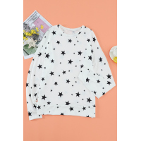 White Round Neck Star Print Long Sleeve Top