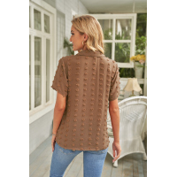 Brown Buttoned Swiss Dot Turn-down Collar Short Sleeve Shirt