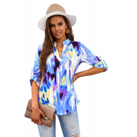 Sky Blue Tie Dye Button Tab-Sleeve V-Neck Blouse