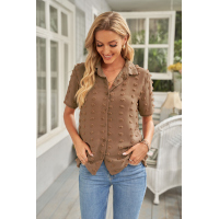 Brown Buttoned Swiss Dot Turn-down Collar Short Sleeve Shirt