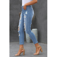 Light Blue Cut Out Distressed Ripped Pockets High Waisted Long Jeans