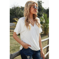 White Short Sleeves Drape Knit Top