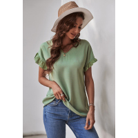 Green V Neck Ruffle Short Sleeve T-shirt