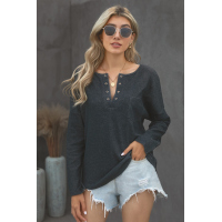 Gray V Neck Washed Grommet Top