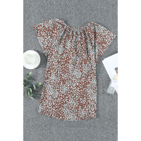 Brown V-neck Short Sleeve Fashion Print Fantasy Fluttering Blouse