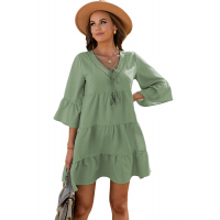 Green Cotton Tiered Babydoll Tunic Dress