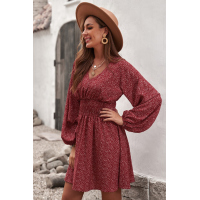 Red V Neck Balloon Sleeve Smocked Waist Printed Mini Dress