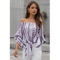 Purple Tie Dye Plaid Off Shoulder Blouse