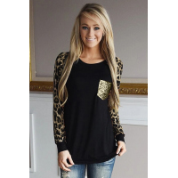 Leopard Round Neck Sequin Long Sleeve Top