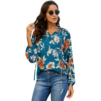 Blue Hues Of Autumn Floral Lantern Sleeve Blouse