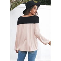 Apricot Round Neck Long Sleeve Color Block Tunic Top