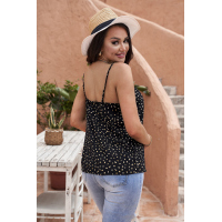 Black Spotted Print Crochet V Neckline Spaghetti Straps Tank Top