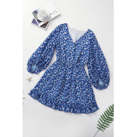 Blue V Neck Lantern Sleeves Floral Tunic Dress