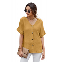 Yellow V Neck Button Front Crinkled Blouse