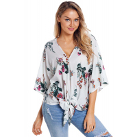 White Flowery Print Tie Front Kimono Sleeve Blouse