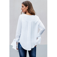 White V Neck Ruched Tie Sleeve Top