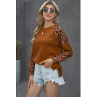 Leopard Print Accent Brown Waffle Long Sleeve Top