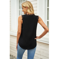 Black Eyelash Lace Trim Wrap V Neck Tank Top