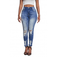 Dark Blue Washed Distressed Slits Skinny Jeans