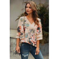 Apricot 3/4 Flared Sleeve Floral Blouse