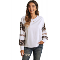 Sequins Patchwork Leopard Print White Crew Collar Long Sleeve Top