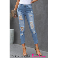 Light Blue Cut Out Distressed Ripped Pockets High Waisted Long Jeans