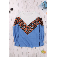 Blue Colorblock Leopard Patchwork Knit Top