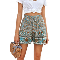 White Summer Boho Floral Print A-line Elastic Waist Shorts