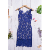 Blue Eyelash Lace Spaghetti Strap Midi Dress