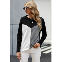 Black Color Block Splicing O-Neck Blouse