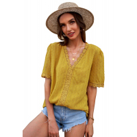 Yellow Lace Splicing V-Neck Swiss Dot Short Sleeve Top