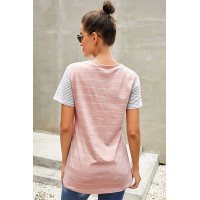 Pink Striped Short Sleeve Contrast Color T-Shirt with Pocket