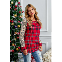 Red O-Neck Leopard Sleeve Plaid Splicing Blouse