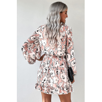 Apricot V Neck Lantern Sleeves Floral Tunic Dress