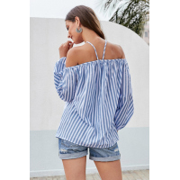 Blue Striped Off Shoulder Halter Blouse