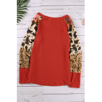 Orange Multi Print Color-block Sleeves Waffle Knit Top