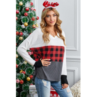 Red Plaid Color Block V Neck Long Sleeve Top