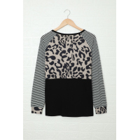 Striped Leopard Splicing Black Long Sleeve Top