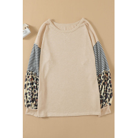 Khaki Leopard Striped Print Sleeve Colorblock Top