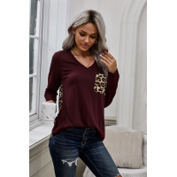 Burgundy Leopard Patch Pocket Long Sleeve Top