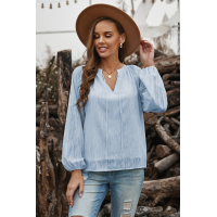 Sky Blue V Neck Lantern Sleeve Textured Solid Top