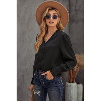 Black Frilled V Neckline Buttoned French Shirt