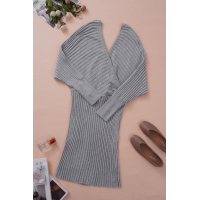 Gray Wrap V Neck Batwing Sleeves Ribbed Sweater Dress