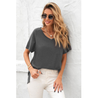 Gray V Neck Short Sleeves Cotton Blend Tee with Front Pocket and Side Slits